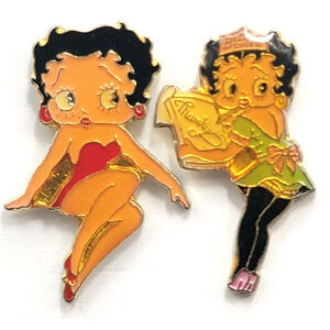 Betty Boop Cartoon Pin Lot 2 Sitting Pose Red Dress Diner Waitress Thank You